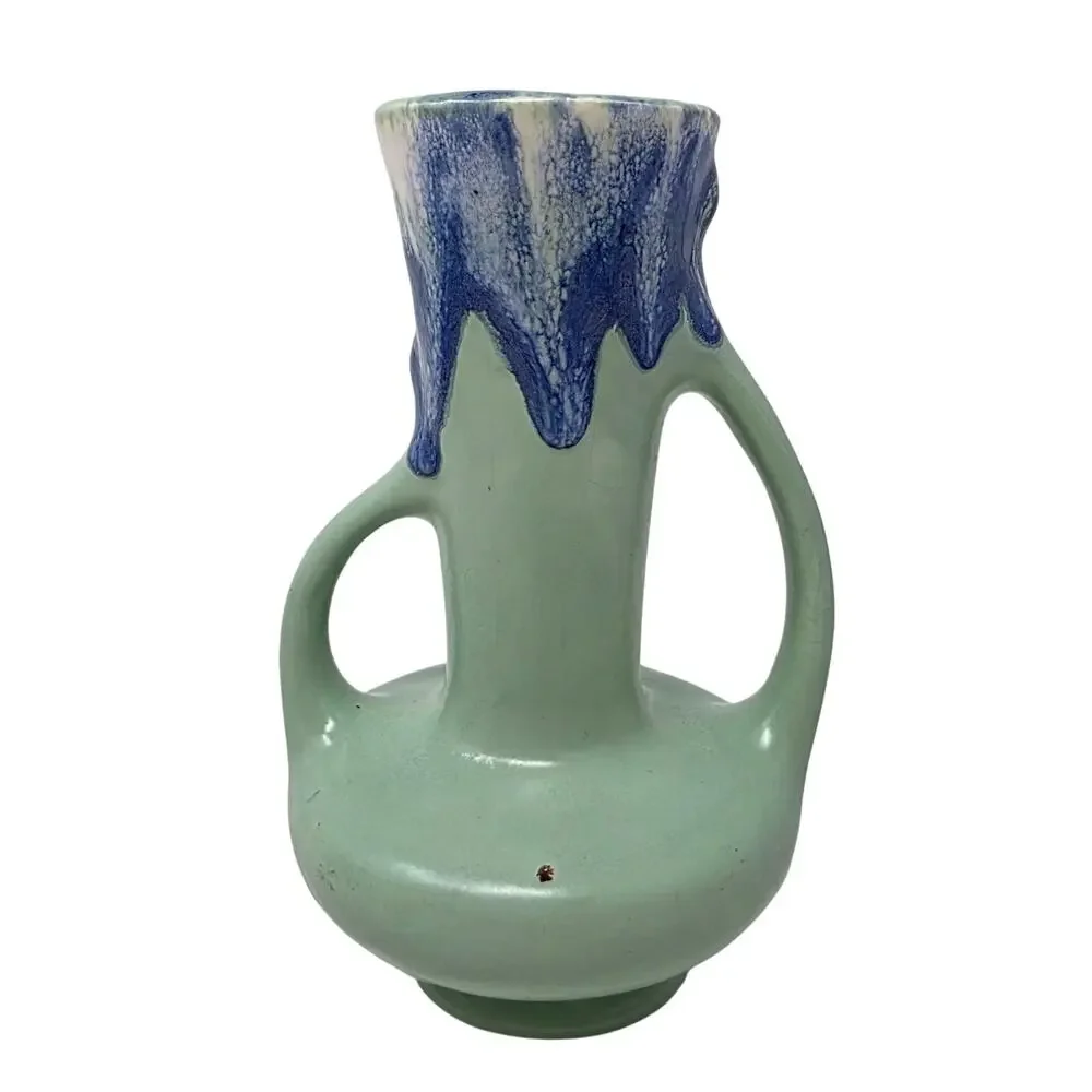 Vintage Double Handle Vase Mint Green Blue Drip Glaze Art Pottery 6.5